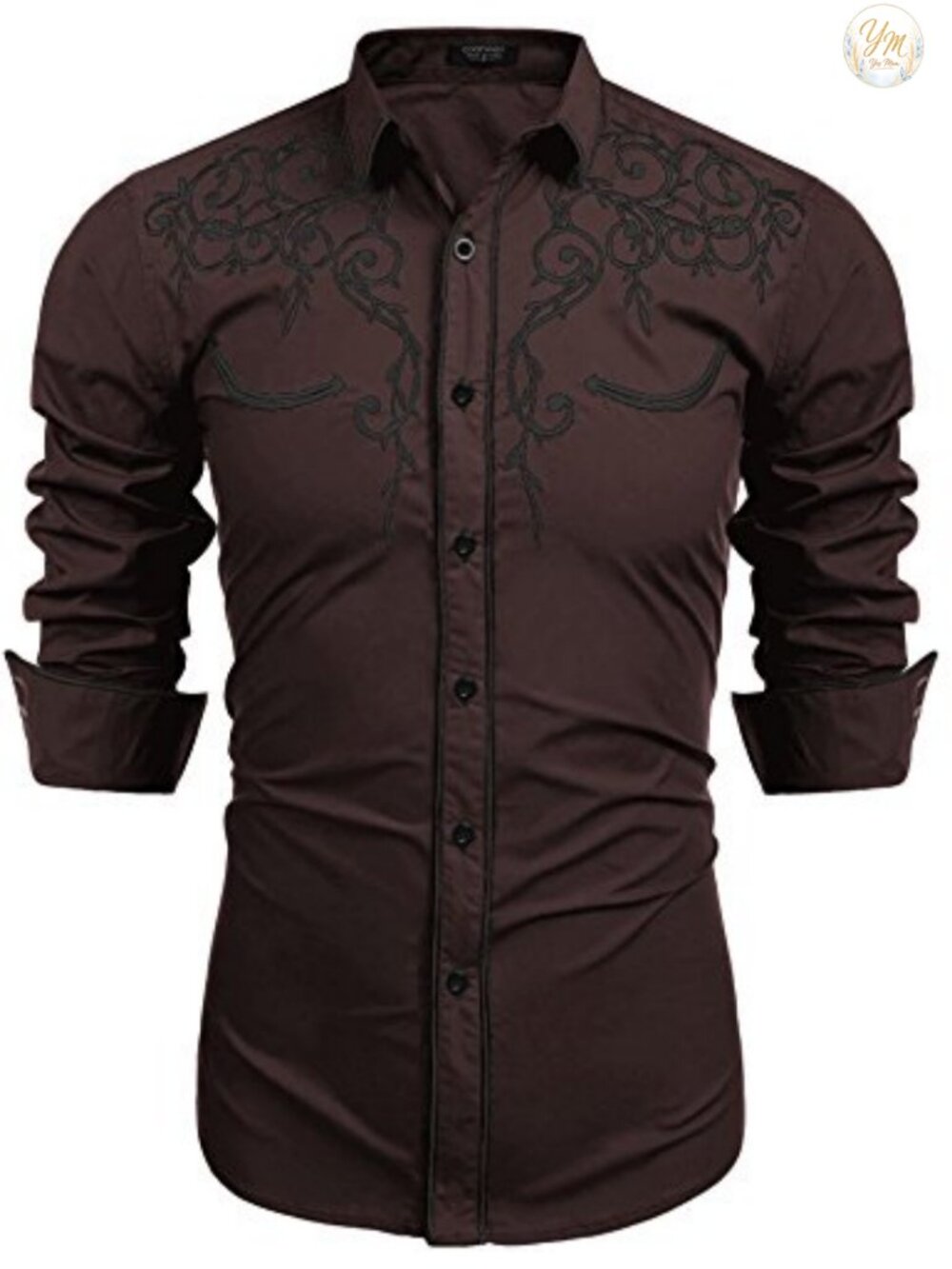 Men's Western Cowboy Shirt Long Sleeve Embroidered Slim Fit Button Down